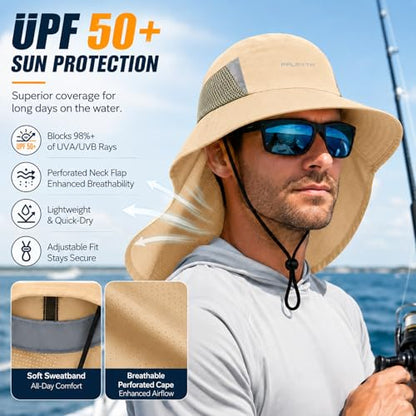 Palmyth Fishing Hat Wide Brim Sun Hat with Neck Flap & Sunglasses Storage | Sun Protection, Adjustable Fit, Breathable Mesh & Sweatband, Foldable, For Men & Women - color: Khaki