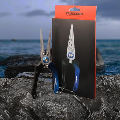 TRUSCEND Easy Use Lockable Fishing Pliers with Tungsten Carbide Cutter, Innovative Ergonomic Handy Handle, Saltwater Corrosion Resistant Teflon Coated Fishing Tool, Light Multi-Function Fishing Gear - color: C-straight Nose-blue
