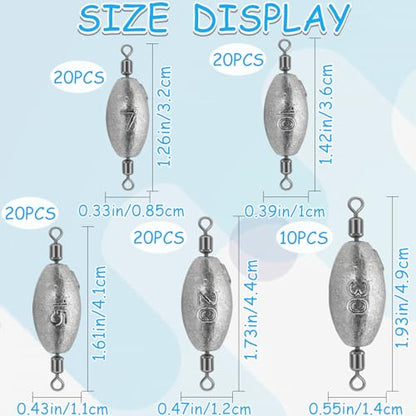 Fishing Weights Sinkers Inline Trolling Fishing Sinkers Egg sinkers with Inner Swivels Oval Drop Lead Fishing Weights for Saltwater Freshwater Fishing - size: 1/4oz-20pcs