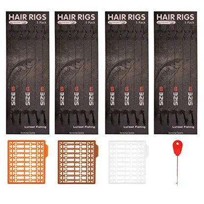 Carp Fishing Hair Rigs, 20 Pcs Curved Barbed Carp Hook Anti-Tangle Swivel Braided Thread line with 3 Card Boilie Bait Stops Dumbell Stoppers and Stringer Needle - color: Barbed, size: 4 Packs (Size 6#)