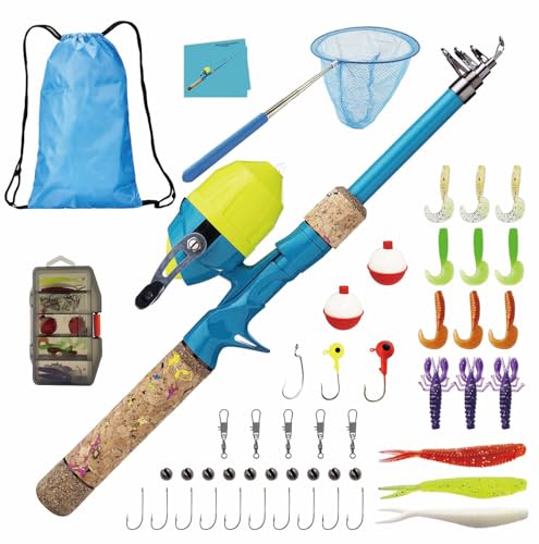 Kids Fishing Pole Set, Kids Fishing Rod and Reel Combo and Fishing Net Tackle Box with Lures Hooks and Bag for Boys Girls Youth Fishing