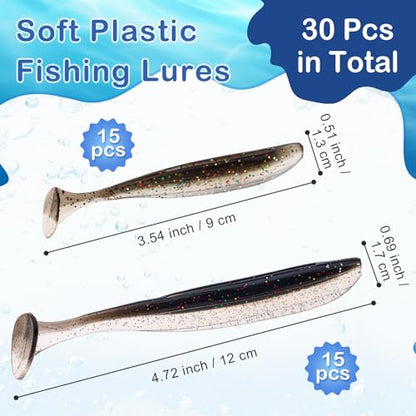 30pcs Soft Plastic Fishing Lures Paddle Tail Swimbaits Soft Baits Lure for Bass Crappie Trout Shad Freshwater Saltwater Fishing Mixed 3.5 Inch 4.7 Inch Swim Bait Kit with Box - color: Black*30