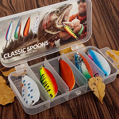 THKFISH 5pcs Saltwater Fishing Lures, Fishing Spoons with Durable Treble Hooks, Jigs Lure for Tuna Salmon Grouper, Sea Fish Jigging Lure, Trolling Spoon for Bass Fish with Tackle Box - color: A-1oz-5pcs