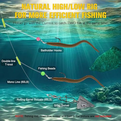 Dovesun Surf Fishing Rigs High Low Rigs Fishing Saltwater for Fluke Flounder Porgy Snapper Sea Trout - color: A-High Low Rigs-2/0 Hook-10PCS