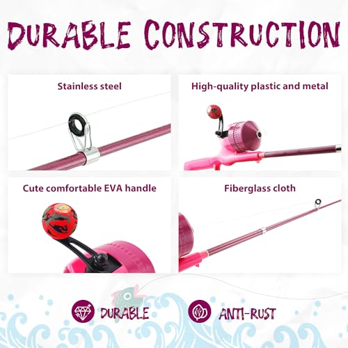 Kids Fishing Pole, Telescopic Fishing Rod, Toddler Collapsible Fishing Rod and Reel Combo with Tackle Box, Fishing Line, Bobber, and Soft Lures for Boy, Girl, Youth, Beginner, Over 4 Years Old - color: pink+red+orange