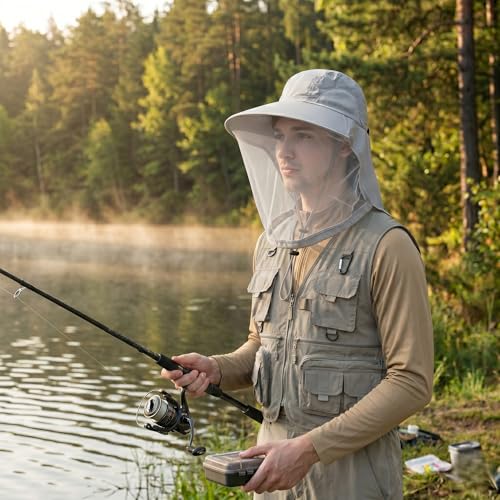 Mosquito Fishing Safari Mesh Net Hat with Neck Flap, Sun Protection Women Men Bug Cap, Hidden Netting Boonie - color: Light Gray