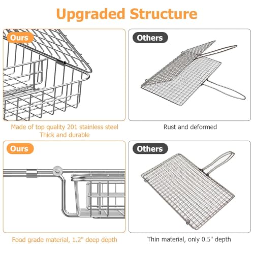 ORDORA Shallow Grill Basket, Fish Grill Basket, Rustproof Stainless Steel BBQ Folding Portable Grilling Rack for Meat, Steak,Vegetables, Grill Accessories - size: Shallow