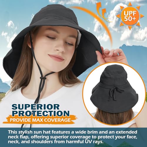 Women's Cotton Sun Hat with Neck Flap, UV Protection Wide Brim Outdoor Hat | Adjustable Fit, Moisture-Wicking & Breathable, Packable & Lightweight for Fishing Hiking Gardening Beach Safari - color: Black