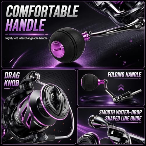SOUGA Spinning Reel, Black Purple Metal Body Fishing Reel for Bass Pike Freshwater Light Saltwater, 9+1 BB, 5.2:1 Gear Ratio, CNC Aluminum Spool, Foldable Left Right Handle, EVA Knob,Size 1000-4000 - size: 4000