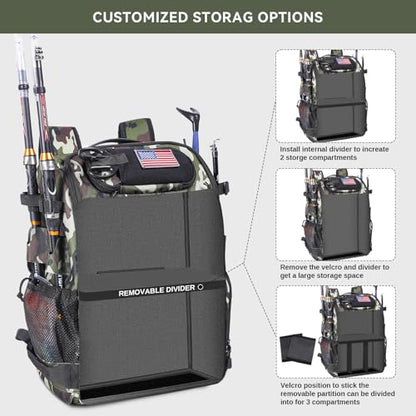 Bagenerous 39L Fishing Tackle Backpack with Rod Holders & Cooler,Water-resistant Fishing Gear Storage Bag with Protective Rain Cover,Camouflage - color: Camouflage