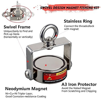 MUTUACTOR Fishing Magnet Kit,Combined 1360lb Strong Rotatable Magnet Fishing Heavy Duty,Φ2.91''Permanent Neodymium Rare Earth Magnets with 65Ft Salvage Rope,Gloves for Retrieving Treasures - style: 1360lb Swivel Magnet (Double Sided)--Φ 2.91"