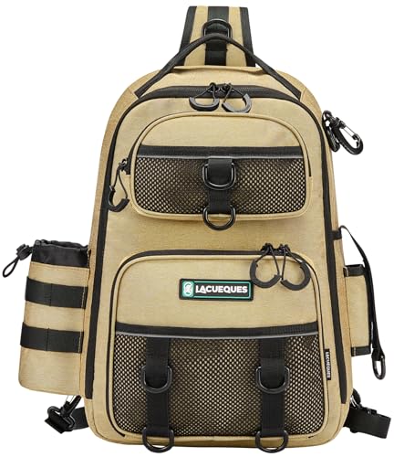 22L Wading Fishing Tackle Sling Bag, Holds 3x 3700 Boxes, Tan | Hands Free Lure Casting, Large Crossbody Shoulder Backpack with Rod Holder, Water Bottle Holder, 12 Heavy Duty D Rings - color: Tan