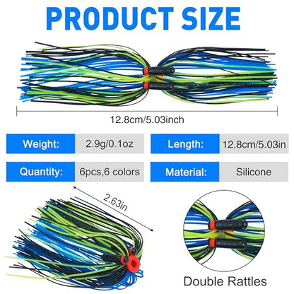 Silicone Jig Skirts Bass Fishing Lure Skirts with Tube Rattles 50 Strands Spinnerbait Buzzbaits Skirts Replacement DIY Squid Jig Bass Spinner Bait Fly Tying Material - color: 12pcs
