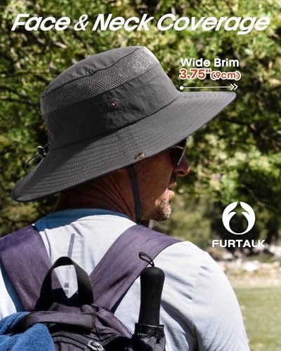 FURTALK Sun Hats for Men Women UPF Sun Protection Breathable Wide Brim | Nylon UV Protection, Breathable Adjustable, 2-in-1 Wide Brim, Packable Water-Resistant, Fishing Hiking Summer - color: Dark Grey