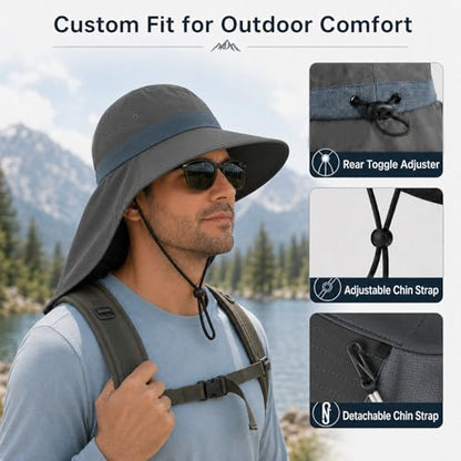 Palmyth Fishing Hat UPF 50+ Sun Protection Neck Flap Hat for Men and Women | Cooling Neck Flap, Water Resistant, Wide Brim, Detachable Chin Strap, Breathable Mesh, Sweatband, Adjustable Buckle, Packable - color: Carbon