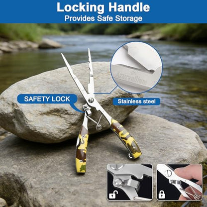 Fishing Pliers Kit 3 in 1 Fishing Tools Set with Long Nose Fishing Pliers Teflon Coated Needle Nose Pliers and Fishing Scissors Stainless Steel Fishing Tools for Saltwater Freshwater