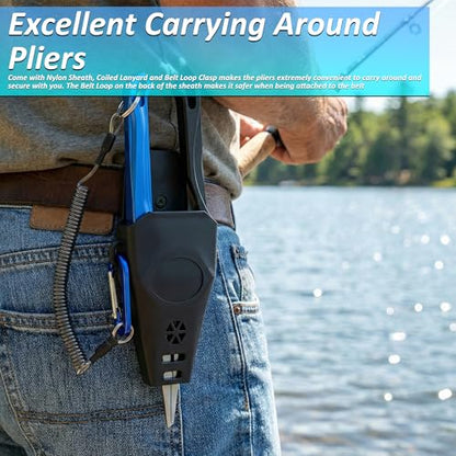 8.0” Lockable Fishing Pliers, Corrosion Resistant Saltwater Fishing Gear | Multi Purpose Fishing Tools - Braid Fish Line Cutter Split Ring Pliers Hook Remover Crimper w/ Lanyard, Fishing Gift for Men