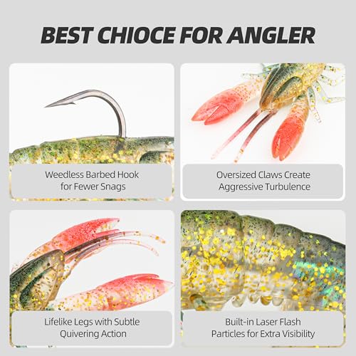 Pre-Rigged Weighted Shrimp & Crawfish Fishing Lures – Soft Bait with Lead Weight, Weedless, Realistic Action – Durable for Bass, Trout, Crappie, Saltwater & Freshwater Fishing - size: 2.8in-7/16oz