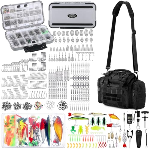 Sosation 482 Pcs Gifts for Men Fishing Gear Equipment Sling Tackle Bag for Father Day Lightweight Fishing Backpack Tackle Box Included Fish Hook Remover Tool Lures Lip Gripper(Black)