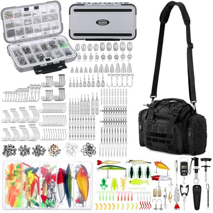 Sosation 482 Pcs Gifts for Men Fishing Gear Equipment Sling Tackle Bag for Father Day Lightweight Fishing Backpack Tackle Box Included Fish Hook Remover Tool Lures Lip Gripper(Black)