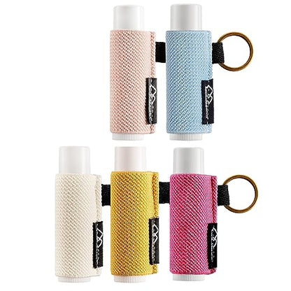 WK IEASON - Lip Balm Holder Keychain Clip On Lipstick Sleeve Chapstick Sleeve Holder Keychain Pack of 5 - color: Blue/Pink/Beige/Yellow/Rose