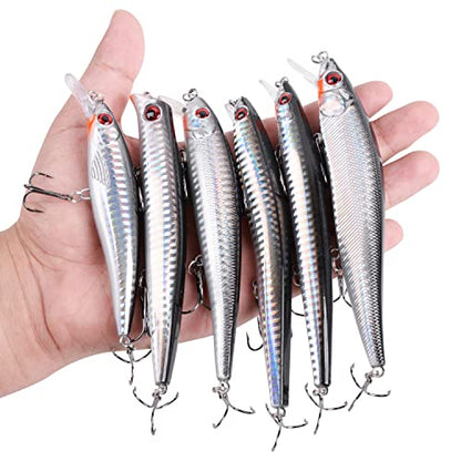 OROOTL Saltwater Fishing Lures Kit, 6 Pack Assorted Surf Fishing Jerkbait Minnow Lures Hard Baits Popper Plugs for Striped Bass Offshore Ocen Gear Tackle