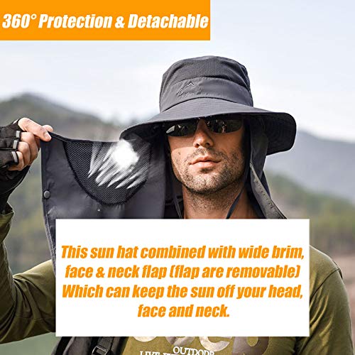 Fishing Hat for Men & Women, Outdoor UV Sun Protection Wide Brim Hat with Face Cover & Neck Flap - color: Dark Grey