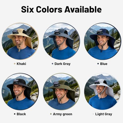 Solar Fan Hat Wide Fishing Hat Breathable Neck Flap Bucket Hats Outdoor Sun Hats for Men Women with USB Charging - color: Light Gray