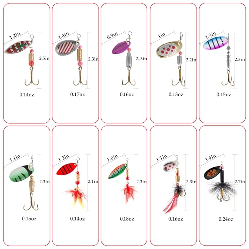 10 Pcs Inline Spinner Fishing Lures with Tackle Box | 10Pcs Metal Inline Spinners, Flash Spoon for Freshwater or Saltwater Trout, Bass, Walleye, Salmon and Pike, Swim or Jig