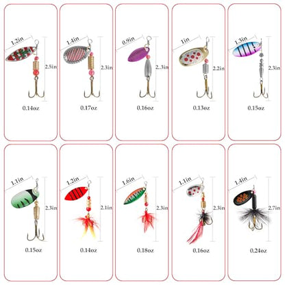 10 Pcs Inline Spinner Fishing Lures with Tackle Box | 10Pcs Metal Inline Spinners, Flash Spoon for Freshwater or Saltwater Trout, Bass, Walleye, Salmon and Pike, Swim or Jig