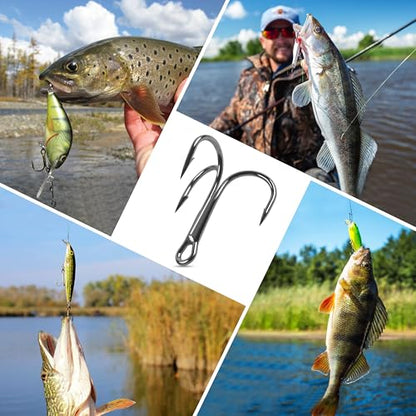 OROOTL Fishing Treble Hooks Kit, 120pcs Assorted Classic High Carbon Steel Treble Fishing Hooks Size 1 2 4 6 8 10 Round Bend Triple Hook for Saltwater Freshwater