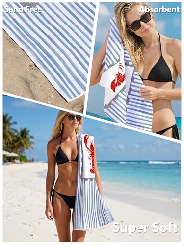 Blue Striped Red Lobster Print Beach Towel with Clips Set - Preppy Summer Coastal Crawfish Large Sand Free Towel 30x60 Inch for Beach Camping Swim Pool Gym Sports & Yoga - color: Btowels04
