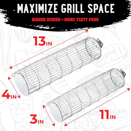 SHIZZO Extra Sturdy Rolling Grill Basket, Removable Handle, Set of 2 | Grilling Rack, Stainless Steel, Outdoor Camping accessories BBQ Net, Griller for Fish, Vegetables, Gifts for Men Dad Husband