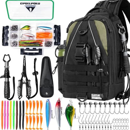 Ghosthorn Fishing Backpack with Tackle Boxes Fish Lip Gripper Pliers Lures Waterproof Tackle Bag with Rod Holder Fishing Gear - color: Black Set, size: Standard