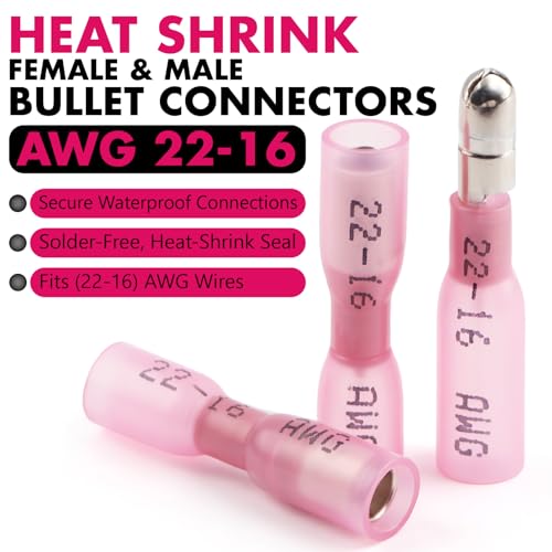 Jeemiter 300PCS 22-16AWG Heat Shrink Bullet Connectors Kit - Red Male & Female Waterproof Electrical Terminals for Automotive Wiring, Marine, Boat, 12V Truck Lights, Stereo & DIY in Dual-Neck Bottle - size: AWG22-16
