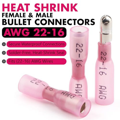 Jeemiter 300PCS 22-16AWG Heat Shrink Bullet Connectors Kit - Red Male & Female Waterproof Electrical Terminals for Automotive Wiring, Marine, Boat, 12V Truck Lights, Stereo & DIY in Dual-Neck Bottle - size: AWG22-16