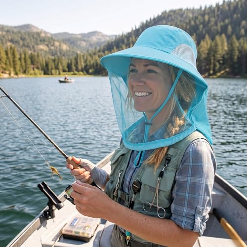 Mosquito Fishing Safari Mesh Net Hat with Neck Flap, Sun Protection Women Men Bug Cap, Hidden Netting Boonie - color: Light Blue