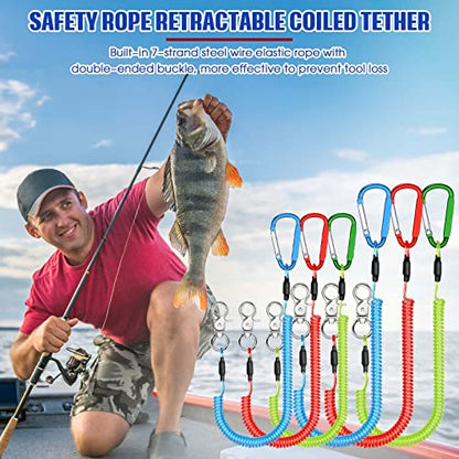 Woanger 6 Pack Fishing Lanyard Steel Wire Coiled Lanyard Tool Lanyards for Hand Tools Kayak Retractable Tool Leash Fishing Rod Safety Lanyards Gear with Alloy Clips for Pliers Boating - color: Red, Green, Blue