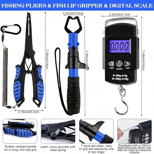 3-Layer Fishing Tackle Box with Tackle Included, Fishing Tools Kit Includes Pliers Fish Lip Gripper Scale Crankbait Spinnerbaits Soft Baits Hooks, Ideal Gift for Angler Saltwater Freshwater (Blue) - color: Blue