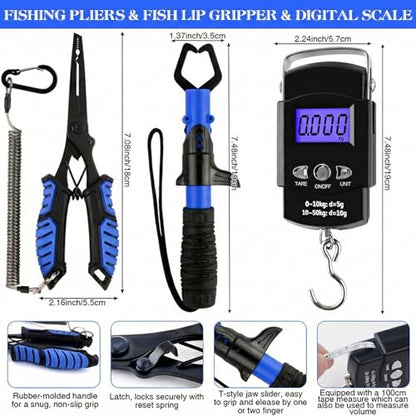3-Layer Fishing Tackle Box with Tackle Included, Fishing Tools Kit Includes Pliers Fish Lip Gripper Scale Crankbait Spinnerbaits Soft Baits Hooks, Ideal Gift for Angler Saltwater Freshwater (Blue) - color: Blue