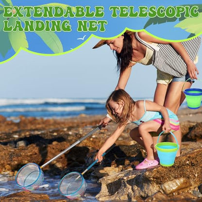 2 Pack Telescopic Kids Fishing Net with Handle, 2 Collapsible Bucket Sand Pail, Stainless Steel Foldable Fishing Net Small Fishing Butterfly Bug Net Beach Shovel with Storage Bag - color: Green Blue