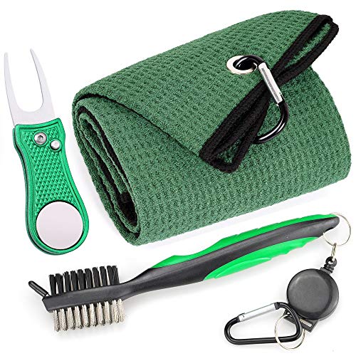 Mile High Life Microfiber Waffle Pattern Golf Towel | Club Groove Cleaner Brush | Foldable Divot Tool with Magnetic Ball Marker (Green Towel/Brush/Bone Divot) - color: Green Towel/Brush/Bone Divot