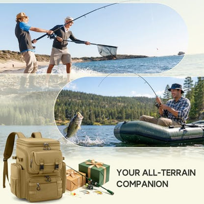 RAINSMORE Fishing Backpack, 45L Large Water-resistant Fishing Tackle Bag | with 4 Rod Holders & Insulated Cooler & Rain Cover Professional 900D Oxford Tackle Backpack for Men Gift Khaki - color: Khaki