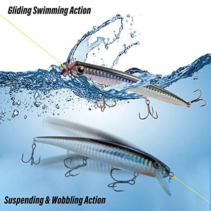 Dr.Fish Saltwater Fishing Lures Kit 5" Surf Fishing Sriper Saltwater Minnow Lures Mustad Hooks Jerkbait Popper Plugs Inshore Offshore Mackerel Tarpon Barracuda - color: Black,Silver (pack of 4)
