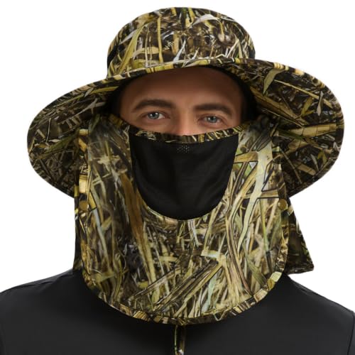 BASSDASH UPF 50+ Breathable Sun Hat with Removable Face Cover and Neck Flap Wide Brim Bucket Hat for Fishing Hiking Men Women - color: Marshreed