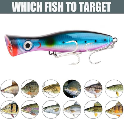 Popper Fishing Lure, JAZALIC 1 PCS Topwater Popper Lures 3D Eyes Fishing Accessories for Saltwater Surface Casting and Freshwater Gt Tuna Kingfish Large Predator Fish (6.3in, 2.82Oz) - color: Blue