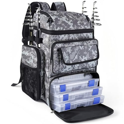 Fishing Tackle Backpack With Rod Holders,45L Large Tackle Bag & Fishing Tackle Backpack for Fishing,Camping, Hiking,Camouflage Gray White - color: Camouflage Gray White
