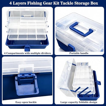 4 Layers Fishing Tackle Box with 547Pcs Fishing Lures Kit | Small Tool Set Included, Gripper, Hook Remover, Accessories, Perfect for Beginners