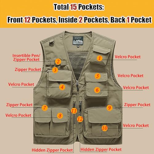 Saukiee Mens Vest Lightweight Vest Men Fishing Travel Work Pesca Safari Combat Hunting Cargo Vest Jacket with Pockets M - color: Army Green, size: XX-Large