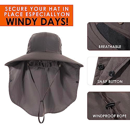 Mens Women Fishing Hat UPF 50+ Wide Brim Sun Hat with Face Cover & Neck Flap - color: Dark Gray